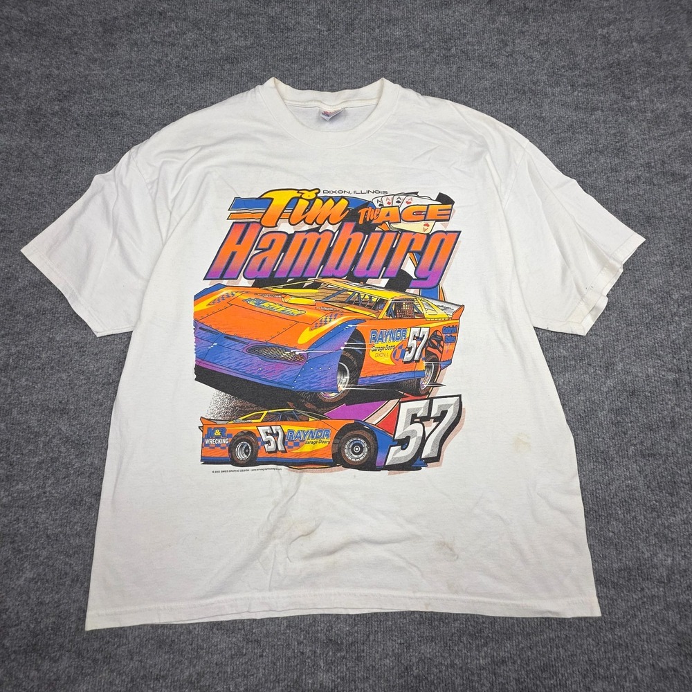 Vintage Nascar Tim Hamburg T-Shirt Men's XL White Graphic Double Sided Y2K 2002